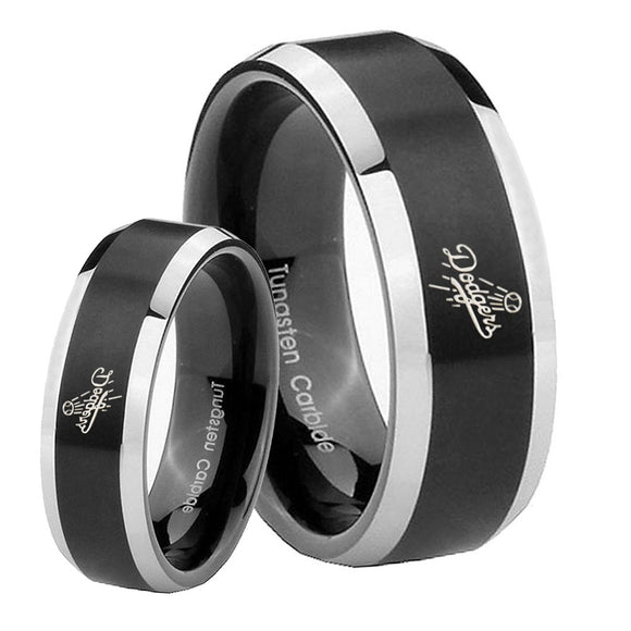 His Hers LA Dogers MLB Baseball Beveled Brush Black 2 Tone Tungsten Men's Ring Set