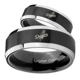 His Hers LA Dogers MLB Baseball Beveled Brush Black 2 Tone Tungsten Men's Ring Set