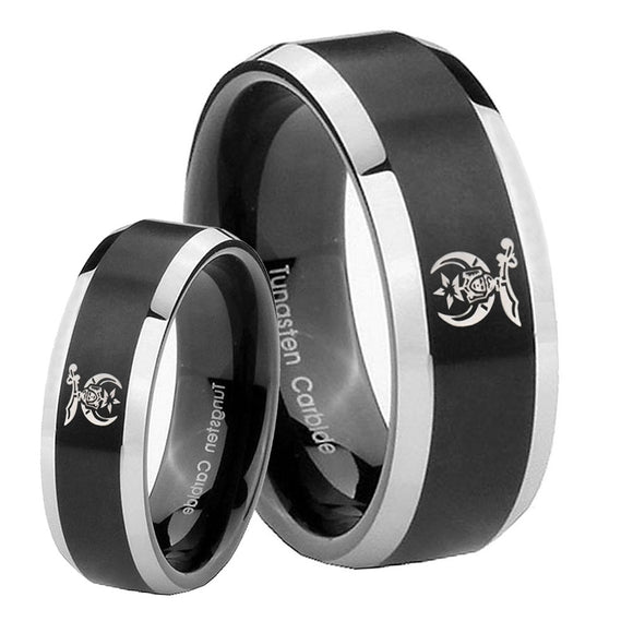 His Hers Masonic Shriners Beveled Brush Black 2 Tone Tungsten Mens Ring Set