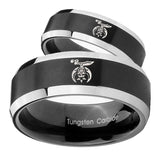 His Hers Masonic Shriners Beveled Brush Black 2 Tone Tungsten Mens Ring Set