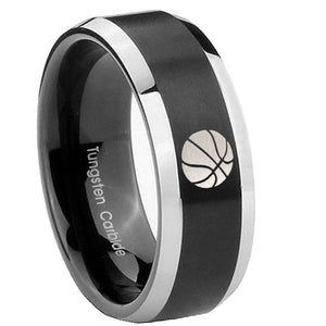 8mm Basketball Beveled Edges Brush Black 2 Tone Tungsten Custom Mens Ring