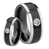 His Hers Basketball Beveled Edges Brush Black 2 Tone Tungsten Men's Ring Set