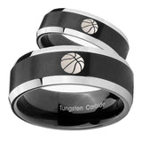 His Hers Basketball Beveled Edges Brush Black 2 Tone Tungsten Men's Ring Set