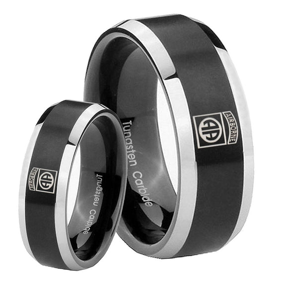 His Hers Army Airborn Beveled Brush Black 2 Tone Tungsten Mens Ring Engraved Set