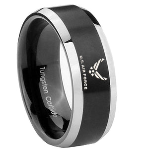 8MM Bevel Brush Black 2 Tone US Air Force Tungsten Laser Engraved Ring