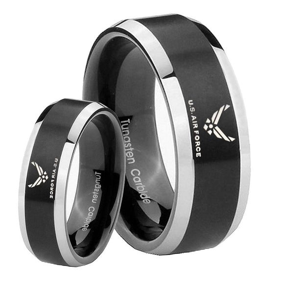 His Her Beveled US Air Force Satin Black 2 Tone Tungsten Wedding Rings Set