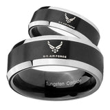 His Her Beveled US Air Force Satin Black 2 Tone Tungsten Wedding Rings Set