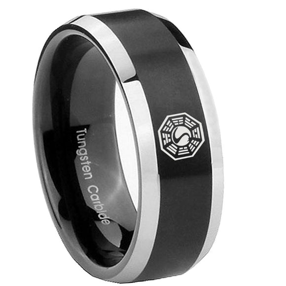 8mm Lost Dharma Beveled Edges Brush Black 2 Tone Tungsten Men's Engagement Band