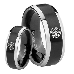 His Hers Lost Dharma Beveled Edges Brush Black 2 Tone Tungsten Rings for Men Set