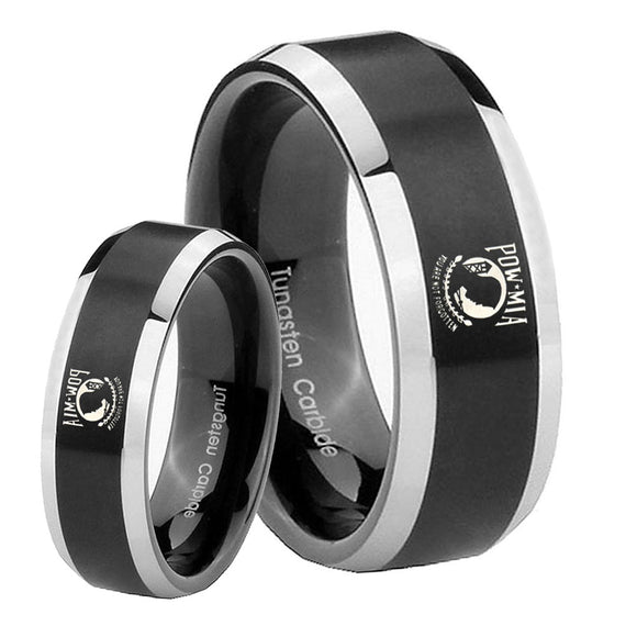 His Hers Military Pow Beveled Brush Black 2 Tone Tungsten Wedding Band Mens Set