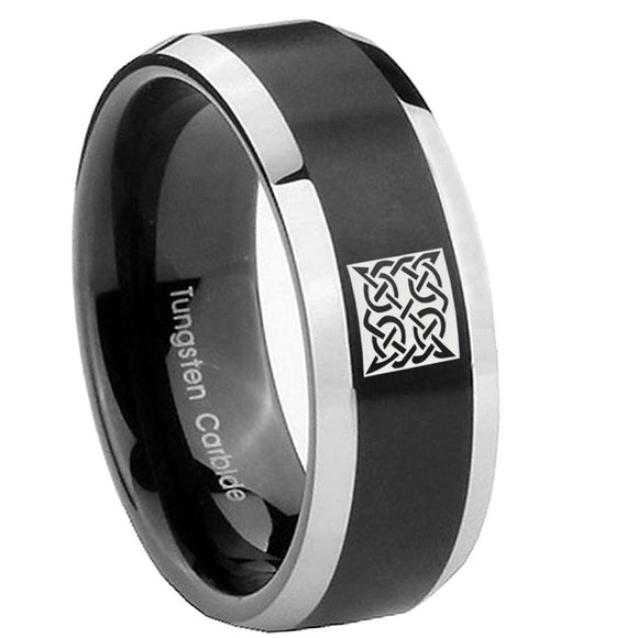 8mm Celtic Design Beveled Edges Brush Black 2 Tone Tungsten Engraved Ring