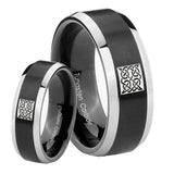 His Hers Celtic Design Beveled Brush Black 2 Tone Tungsten Mens Wedding Band Set