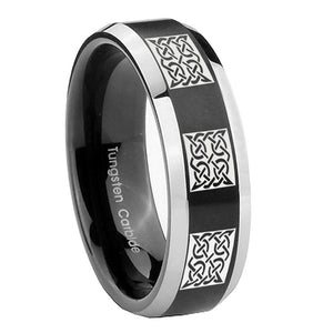 8mm Multiple Celtic Beveled Brush Black 2 Tone Tungsten Mens Anniversary Ring