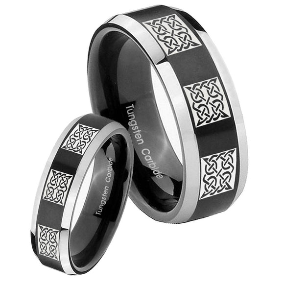 His Hers Multiple Celtic Beveled Brush Black 2 Tone Tungsten Men Band Set