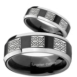 His Hers Multiple Celtic Beveled Brush Black 2 Tone Tungsten Men Band Set