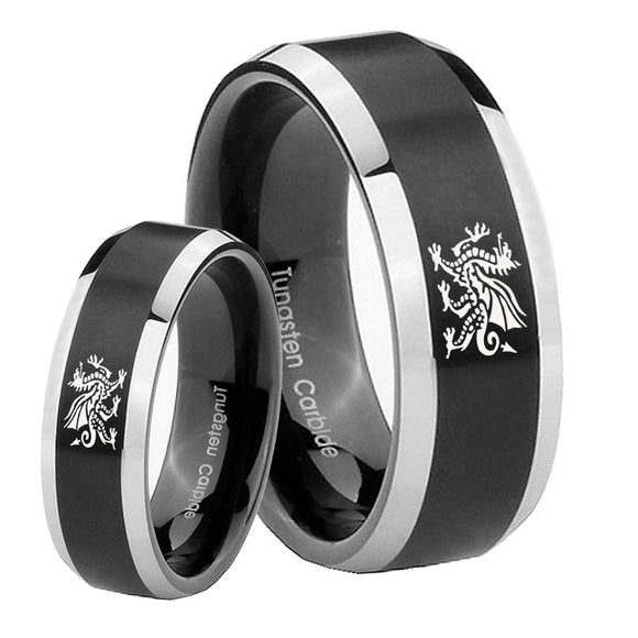 His Hers Dragon Beveled Edges Brush Black 2 Tone Tungsten Wedding Band Ring Set