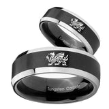 His Hers Dragon Beveled Edges Brush Black 2 Tone Tungsten Wedding Band Ring Set