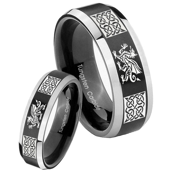 His Hers Multiple Dragon Celtic Beveled Brush Black 2 Tone Tungsten Bands Ring Set