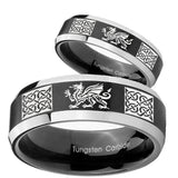 His Hers Multiple Dragon Celtic Beveled Brush Black 2 Tone Tungsten Bands Ring Set