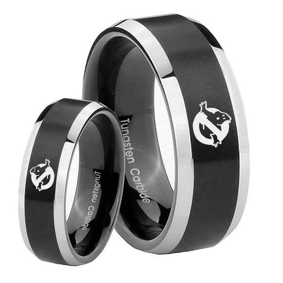 His Hers Ghostbusters Beveled Brush Black 2 Tone Tungsten Wedding Bands Ring Set