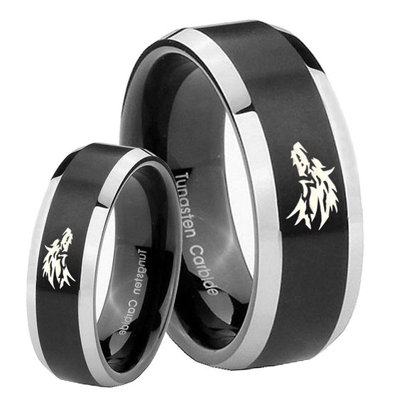 His Hers Wolf Beveled Brush Black 2 Tone Tungsten Wedding Engagement Ring Set
