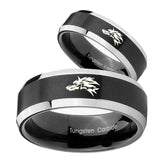 His Hers Wolf Beveled Brush Black 2 Tone Tungsten Wedding Engagement Ring Set