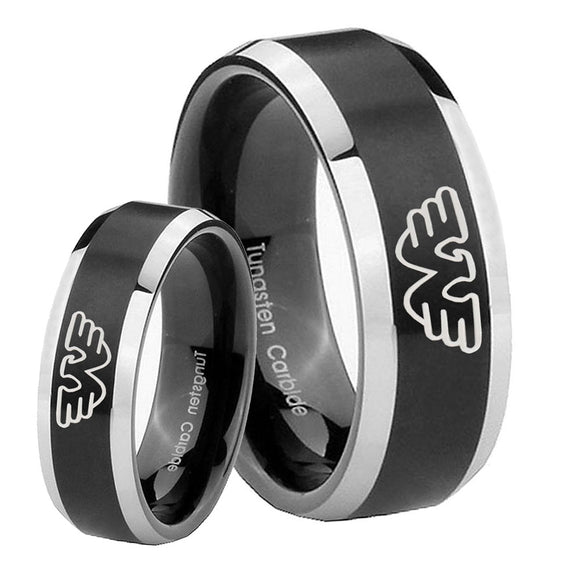 His Hers Waylon Jennings Beveled Brush Black 2 Tone Tungsten Men Ring Set