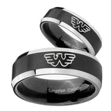 His Hers Waylon Jennings Beveled Brush Black 2 Tone Tungsten Men Ring Set