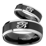 His Hers Seeing Eye Beveled Edges Brush Black 2 Tone Tungsten Men's Ring Set