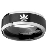 10mm Marijuana Leaf Beveled Edges Brush Black 2 Tone Tungsten Men's Band Ring