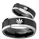 His Hers Marijuana Leaf Beveled Brush Black 2 Tone Tungsten Ring Set