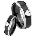 His Her Beveled Zelda Heart Satin Black 2 Tone Tungsten Wedding Rings Set