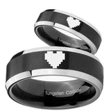 His Her Beveled Zelda Heart Satin Black 2 Tone Tungsten Wedding Rings Set