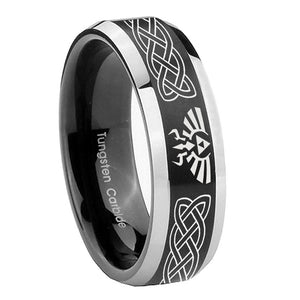 10mm Celtic Zelda Beveled Edges Brush Black 2 Tone Tungsten Mens Bands Ring