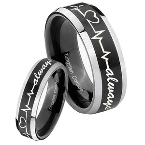 His Hers Heart Beat forever Heart always Beveled Brush Black 2 Tone Tungsten Men Band Set