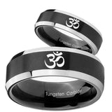 His Hers Om Aum Yoga  Beveled Brush Black 2 Tone Tungsten Mens Wedding Ring Set