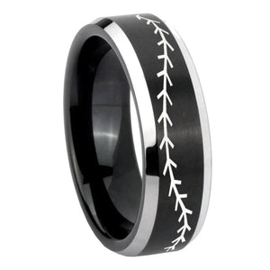 10mm Baseball Stitch Beveled Brush Black 2 Tone Tungsten Mens Engagement Ring