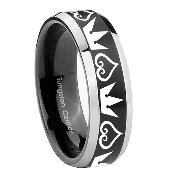 8mm Hearts and Crowns Beveled Brush Black 2 Tone Tungsten Men's Wedding Band