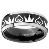 8mm Hearts and Crowns Beveled Brush Black 2 Tone Tungsten Men's Wedding Band