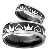 His Hers Hearts and Crowns Beveled Brush Black 2 Tone Tungsten Ring Set