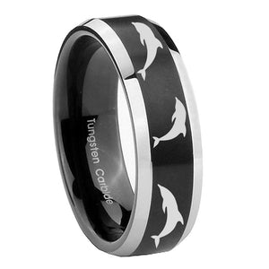 8mm Dolphins Beveled Edges Brush Black 2 Tone Tungsten Wedding Engagement Ring