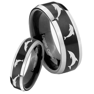 His Hers Dolphins Beveled Brush Black 2 Tone Tungsten Mens Engagement Ring Set