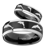 His Hers Dolphins Beveled Brush Black 2 Tone Tungsten Mens Engagement Ring Set