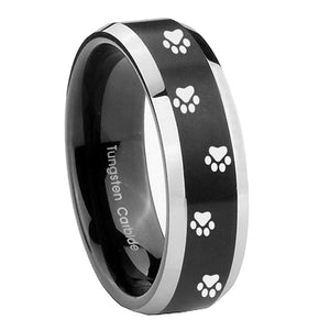 10mm Paw Print Beveled Edges Brush Black 2 Tone Tungsten Mens Wedding Band