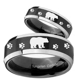 His Hers Bear and Paw Beveled Brush Black 2 Tone Tungsten Mens Promise Ring Set