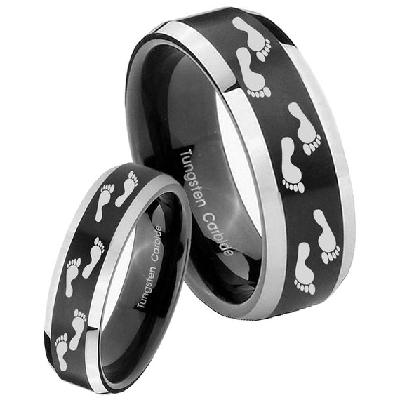 His Hers Foot Print Beveled Brush Black 2 Tone Tungsten Men's Promise Rings Set