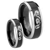 His Hers Dragon Beveled Brush Black 2 Tone Tungsten Mens Ring Personalized Set