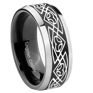 10mm Celtic Braided Beveled Brush Black 2 Tone Tungsten Mens Ring Engraved