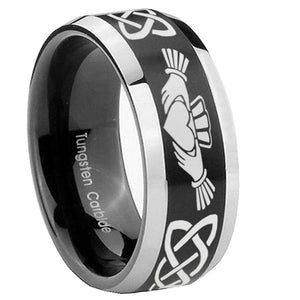 10mm Irish Claddagh Beveled Edges Brush Black 2 Tone Tungsten Men's Wedding Ring