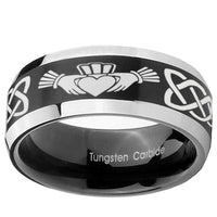 8mm Irish Claddagh Beveled Edges Brush Black 2 Tone Tungsten Wedding Engraving Ring